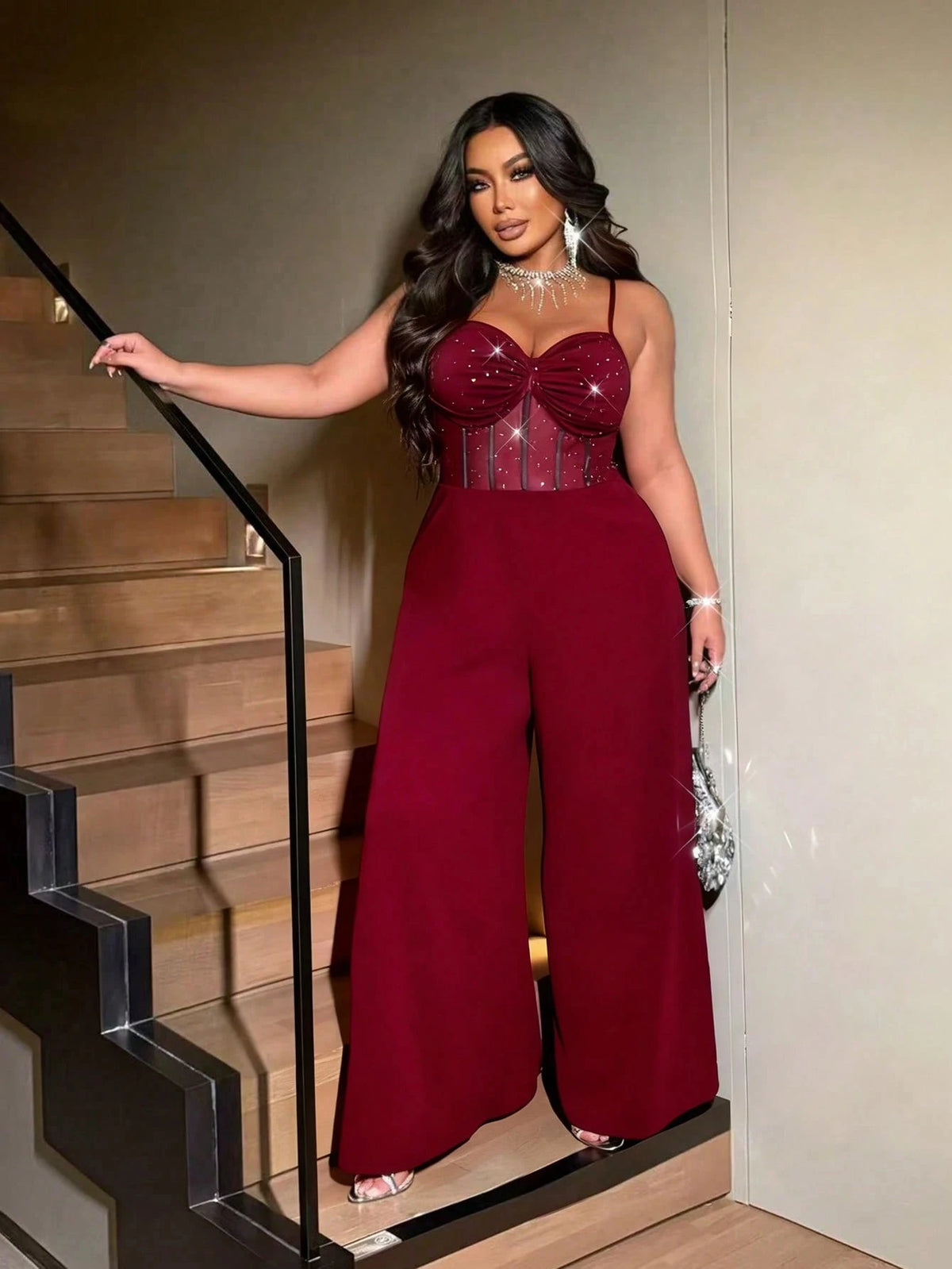 Plus-size women's sexy wide-leg jumpsuit, a stylish backless jumpsuit with shimmering stretch mesh, suitable for dates, parties