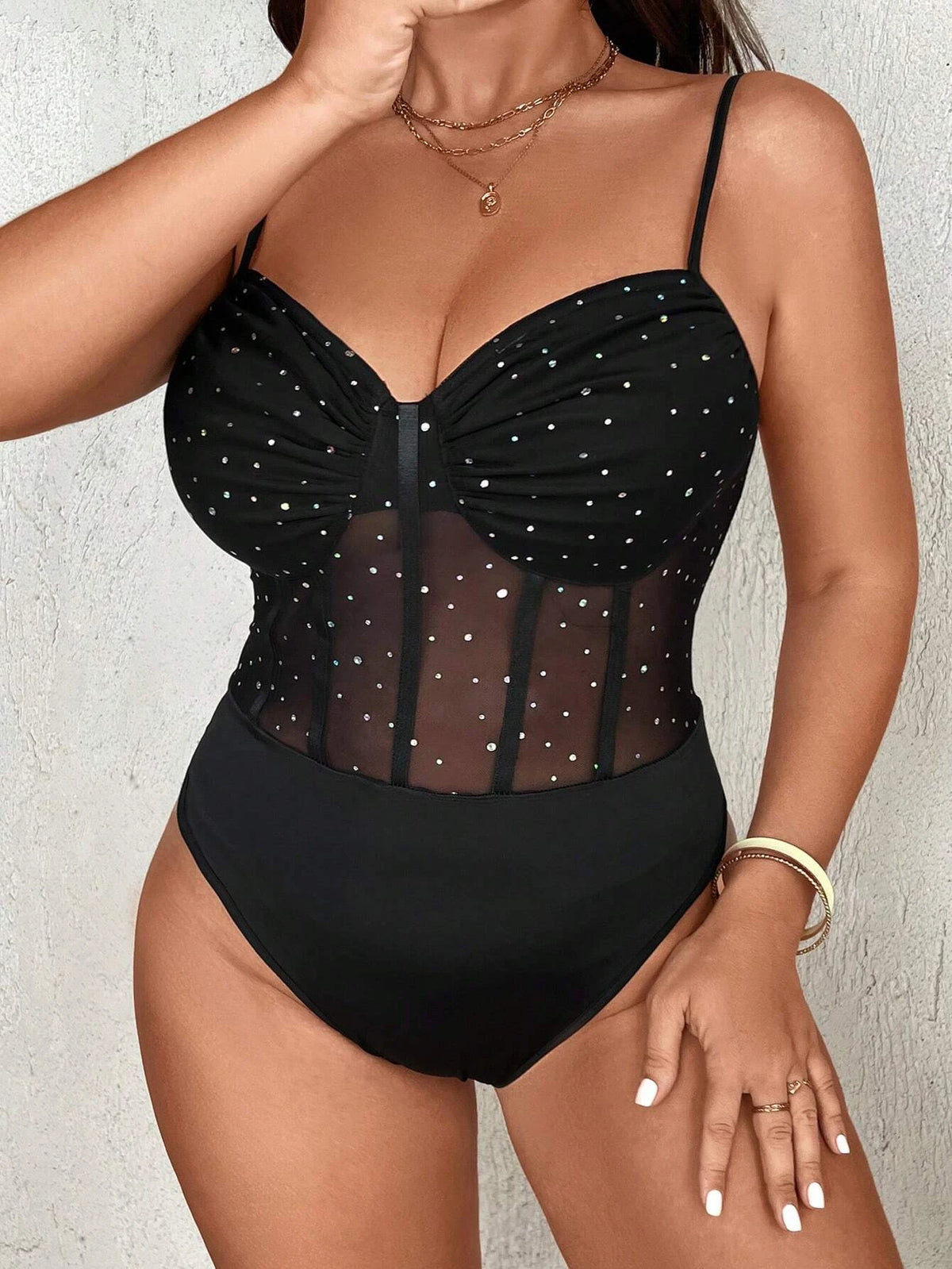 Plus-size Women's Rhinestone Shimmering See-through Bodysuit, Backless Lace Halter Mesh Sexy Bodysuit, Can Be Worn as an Outer G