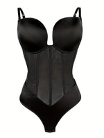 1pc Sexy Corset Solid Color Deep V Neck Contouring Onesie Belly Control Waist Trainer Slimming Thong Shapewear Women'S Lingerie
