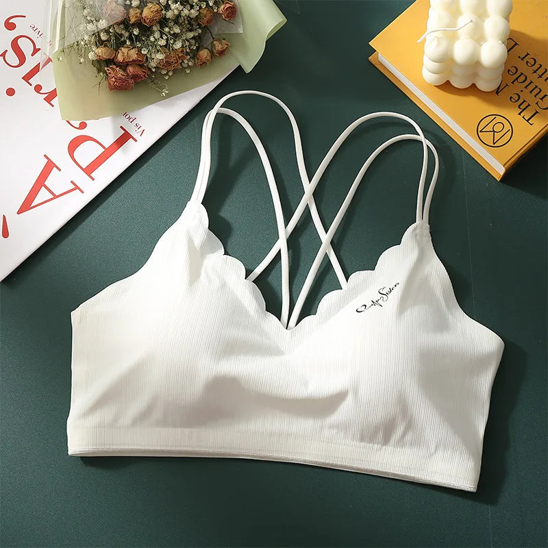 Scalloped Wave V Neck Rib Bralette Women Underwear Fixed Thin Shoulder Straps Detachable Heart Shape Foam Pads Lounge Inner Bra