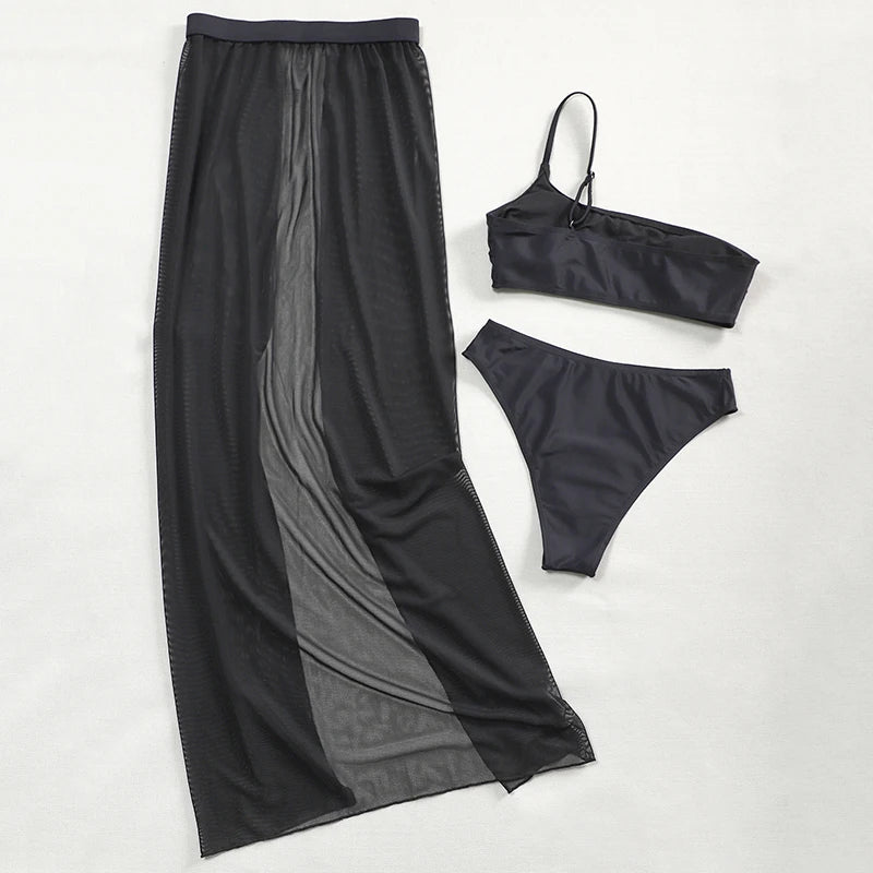 New One shoulder Bikini 2025 Female Swimsuit Women Swimwear Three-pieces Bikini set Mesh Long Skirt Beach wear Bathing Suit Swim