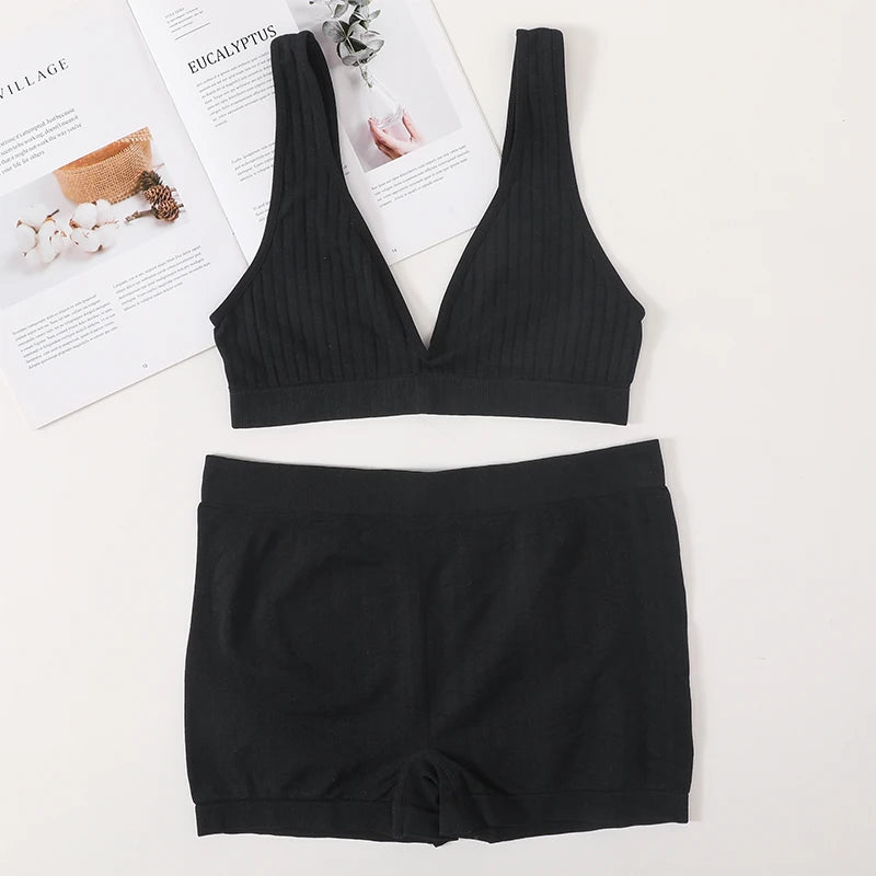 Women Seamless Bra And Panties Set Female Sport V-neck Unlined Bra High Rise Shorts Stretchy Underwear Sexy Lingerie Set