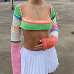 Women Summer Crop Tops Splicing Crochet Square Neck Long Sleeves Knitted T-shirt Tops 2021 Streetwear for Girls Green