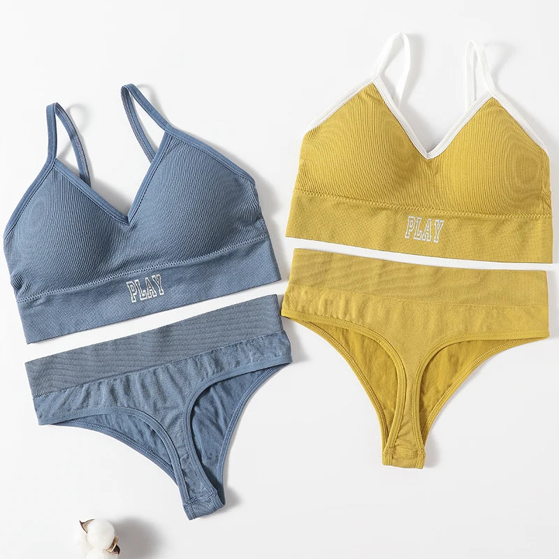 Women Seamless Bra And Panties Set High Rise Thongs Non-wire Sports Bra Comfy Brassiere Female Underwear Sexy Lingerie Set