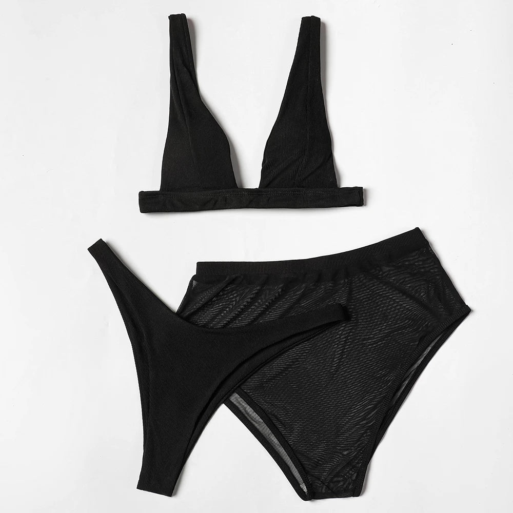ZTVitality Black Ribbed Three Pieces Bikini 2025 New Padded High Cut Mesh Swimsuit Female Swimwear Women Beach Brazilian Biquini