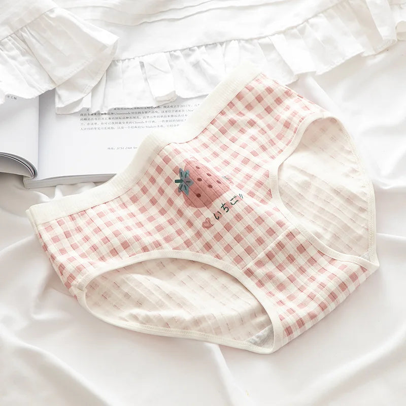 1 Pack Cute Bear & Strawberry Print Cotton Mid-Rise Panties Women's Comfort Underwear M-XL Grid & Striped Print Lingerie