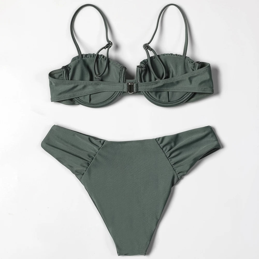 ZTVitality Solid Swimwear Women 2025 Newest Push Up Sexy Bikini Padded Bra Underwire Mid Waist Folds Swimsuit Brazilian Biquini