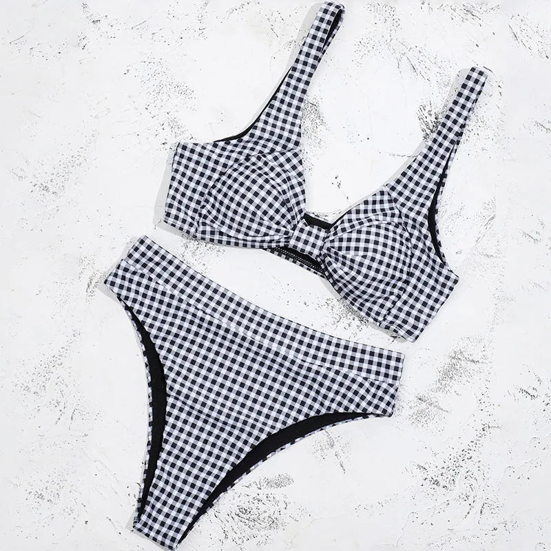 ZTVitality Black Plaid Bikinis Bow Bikini 2025 New Arrival Padded Bra High Waist Swimsuit Sexy Swimwear Women Brazilian Biquini