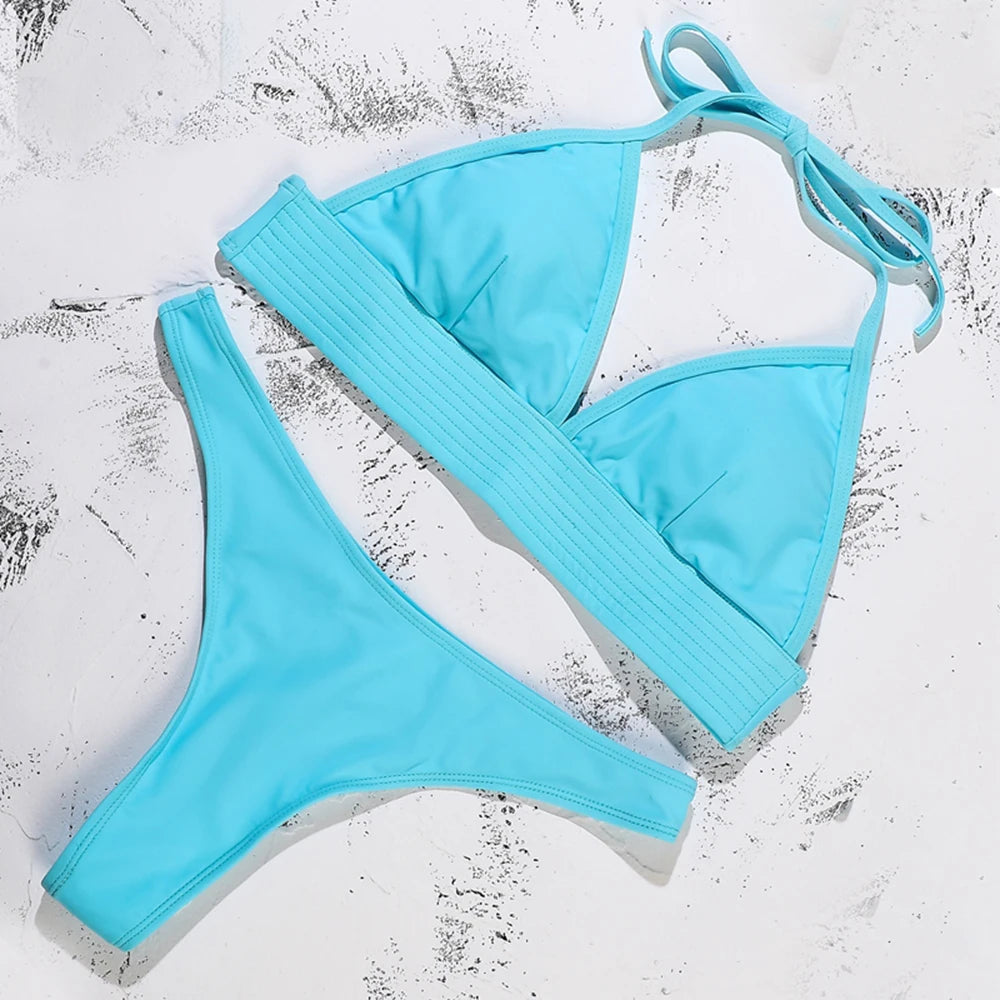 ZTVitality Sexy Solid Bikinis Push Up Bikini 2025 Padded Halter Thong Low Waist Swimwear Women String Bandage Swimsuit Biquini
