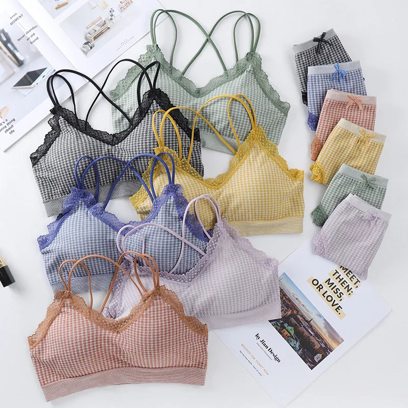 Gingham Lace Trim Bralette & Panty Set Push-Up Bra Plaid Lace Trim Lingerie Set Cross-Back Wireless Women's Underwear Set