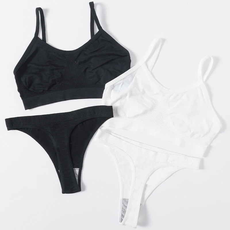 Women Seamless Bra And Panties Set Low Waist Thongs Female Comfort Non-wire Brassiere Sports Ribbed Underwear Set Sexy Lingerie