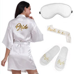 4pc set of glitter gold bride satin short bride robe slippers bridal sash peignoir women Bridal Party 2019 kimono robe