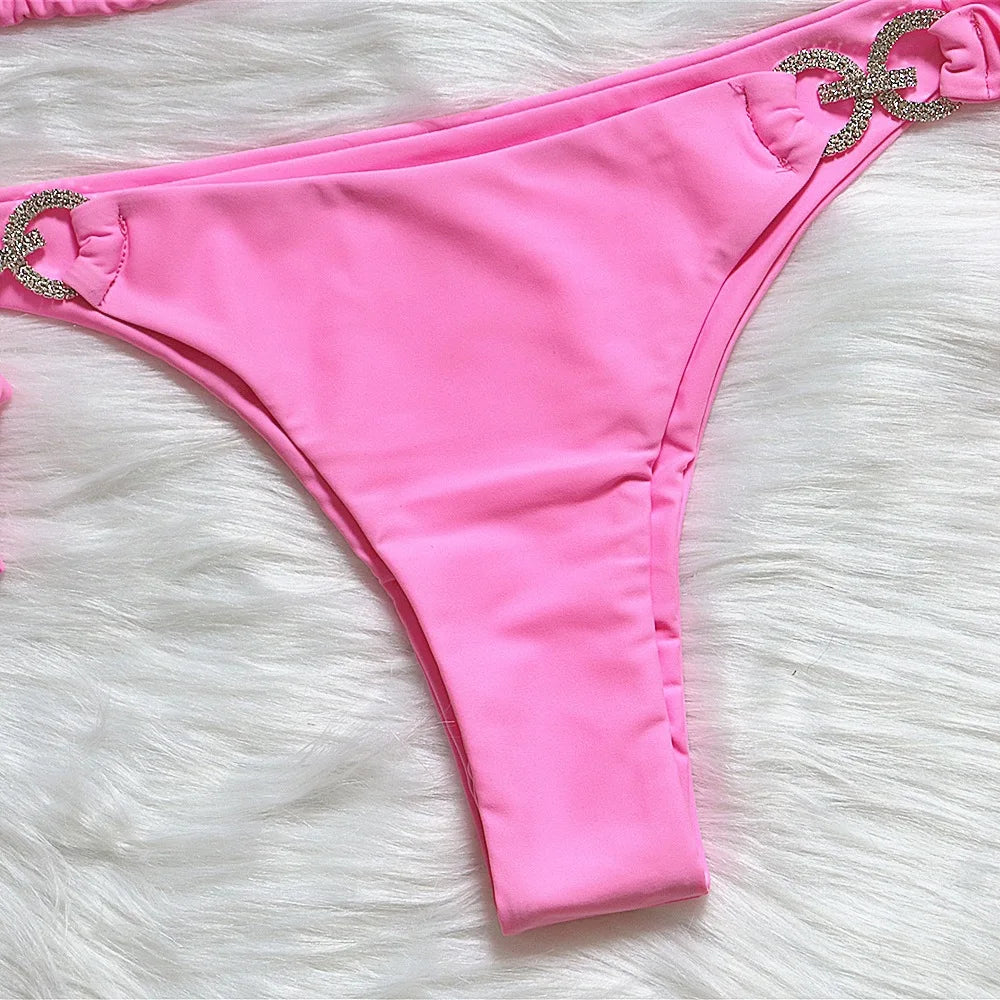 Luxury Rhinestones Bikin 2026 New Women Solid Red Blue Bandage Cross Diamond Thong Swinsuit Beach Bathing Suit Swimwear Biquini