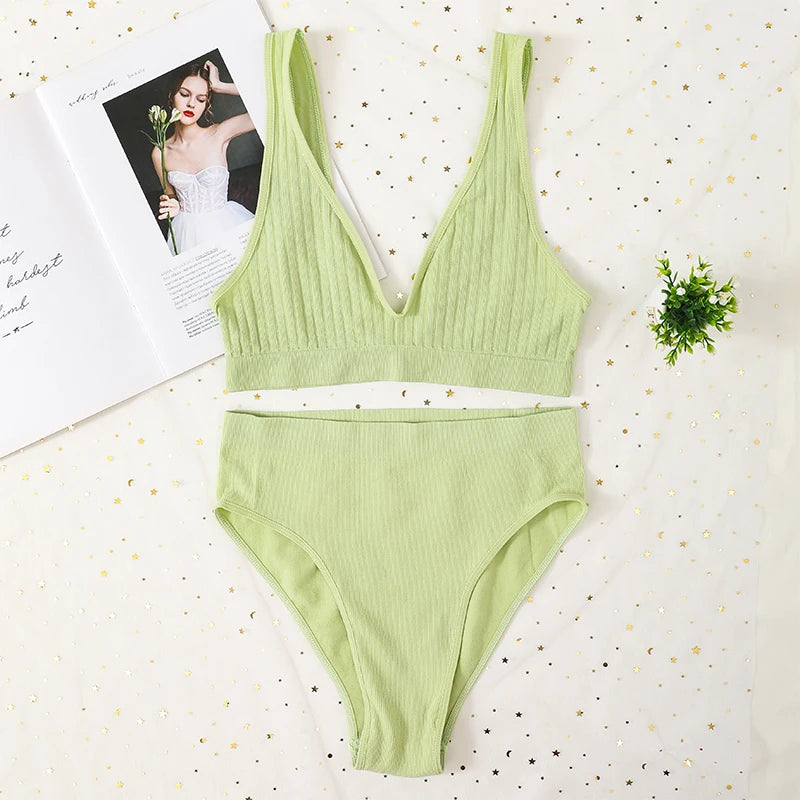 Women Ribbed V-Neck Unpadded Bra High Waist High Cut Briefs Set Wireless Bralette Soft Stretch Panties Sexy Lingerie Set S-L