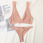 Women Seamless Bra And Panties Set Sexy Ribbed Bra Top Low Waist Thongs Wire-free Brassiere No Pads Comfort Intimates M-XL
