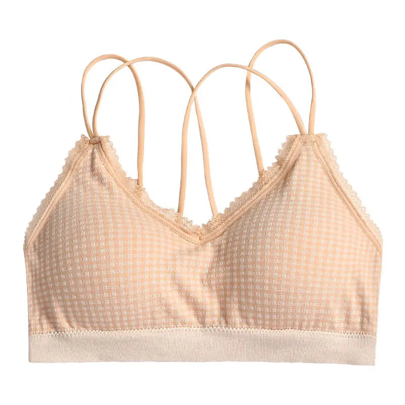 Gingham Lace Cross-Back Bralette Wireless Wrap Bra Sexy Lingerie Stretchy Beauty Cross Back Underwear Plaid Lace Trim Tube Bra