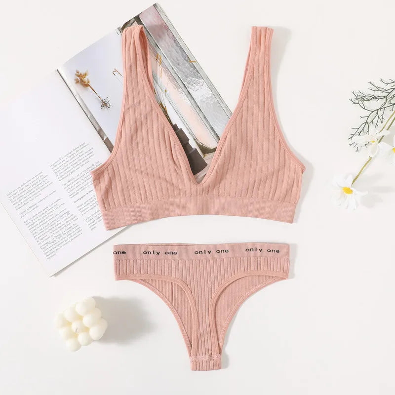 Women Seamless Bra And Panties Set Sexy Ribbed Bra Top Low Waist Thongs Wire-free Brassiere No Pads Comfort Intimates M-XL