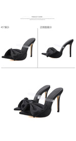 2025 Silk Butterfly Knot Women PVC Slippers Mule 11cm High Heels Slippers Luxury Sandals Pointed Toe Strappy Slides Party Shoes