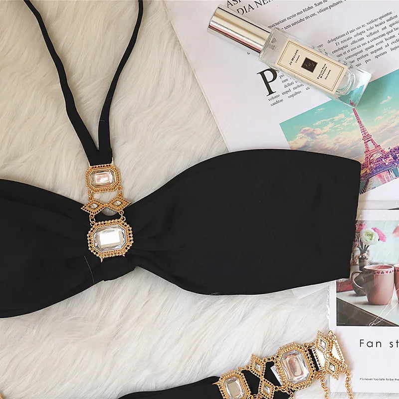 Halter Rhinestone Diamond Bikini Women Swimsuit Female Bikinis Metal Chain Swimwear Two Pieces Bikini Set Bathing Suit Swim Lady