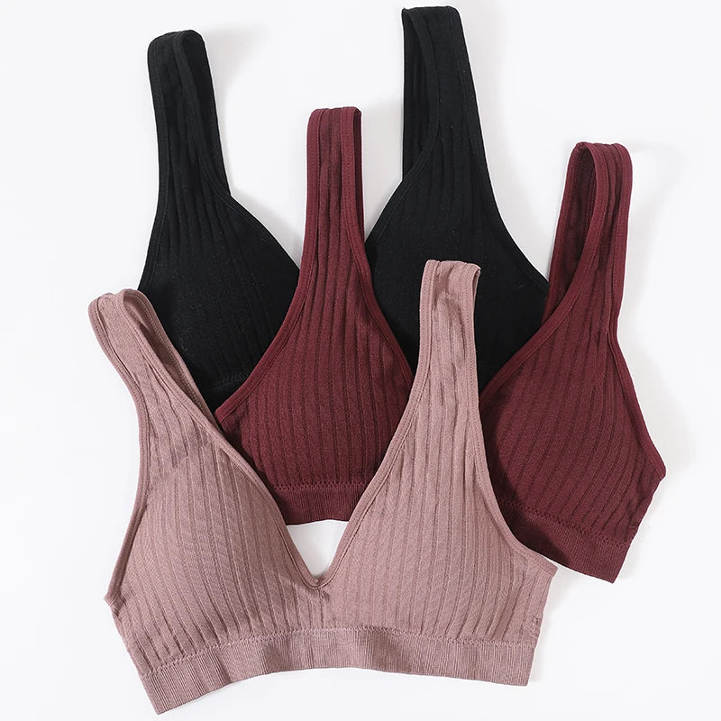 Women Deep V Ribbed Bralette Push-Up Bras Sports Seamless Bra Padded & Unlined Underwear Two Versions Top Sexy Lingerie S-XL