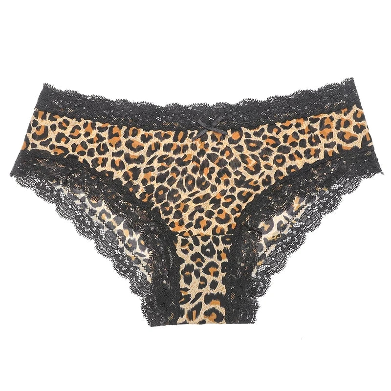 Women's Sexy Leopard Print Lace Panties with Elastic Waistband Seamless Underpants Cotton Crotch T-Pants Thong Briefs