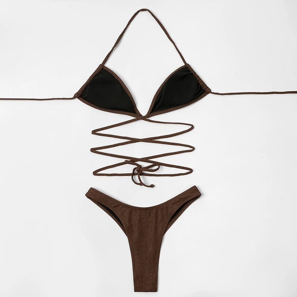 ZTVitality Solid Ribbed Bandage Wrap Around Bikini 2025 New Halter Padded BraHigh Leg Sexy Swimsuit Beach Wear Swimwear Women