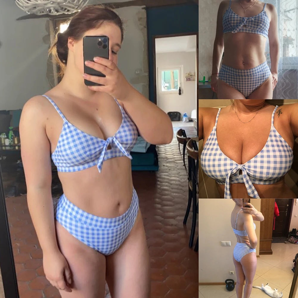 ZTVitality Bow Plaid Bikinis Push Up Sexy Bikini 2021 Hot Sale Straps Padded High Waist Swimsuit Retro Swimwear Women Biquini