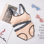 Soft Stripe Cotton Women's Underwear Set Sexy Beauty Back Tops Letter Print Shoulder strap Bralette With Panties 2-pieces Suit