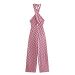 Foridol Geometric Print Summer summer Backless Jumpsuit Sleeveless Halter Wide Leg Pink Pants Overalls Front Cut Retro Jumpsuit
