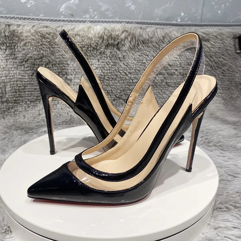 transparent PVC women's high heels, 12cm 10cm 8cm thin heels, no shoelaces, toe, Party disco shoes, black, size 33-45