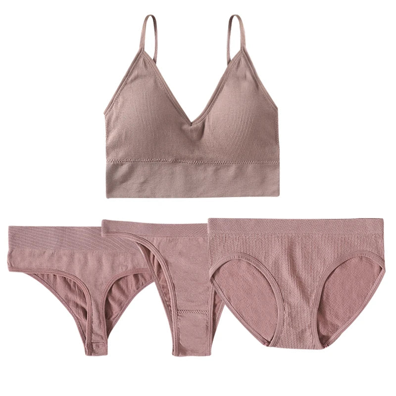 4pcs/set Women Underwear Set Active Wear Bra Top Female U Back Sports Bra And Panties Set G-String Thongs Sexy Lingerie