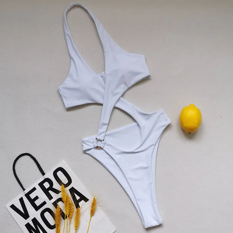 2025 Sexy High Cut Out Halter Female Swimwear One Piece Swimsuit Women Cross Bandage Monokini Bather Bathing Suit Swim Beachwear