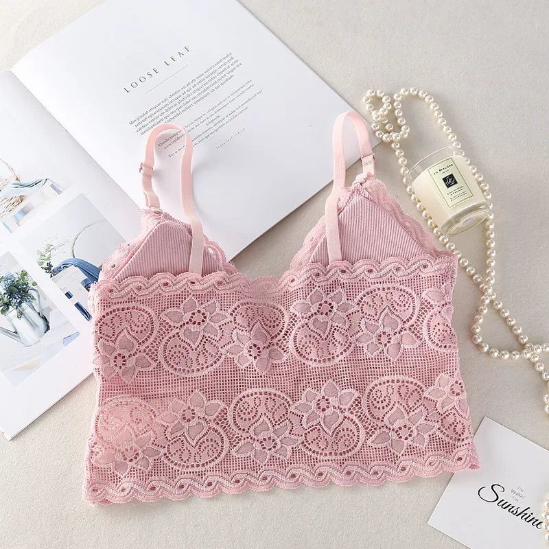 Women Full Floral Lace V-Neck Bralette One Size Scalloped Lace Wireless Camisole Bra Detachable Adjustable Thin Straps Lingerie