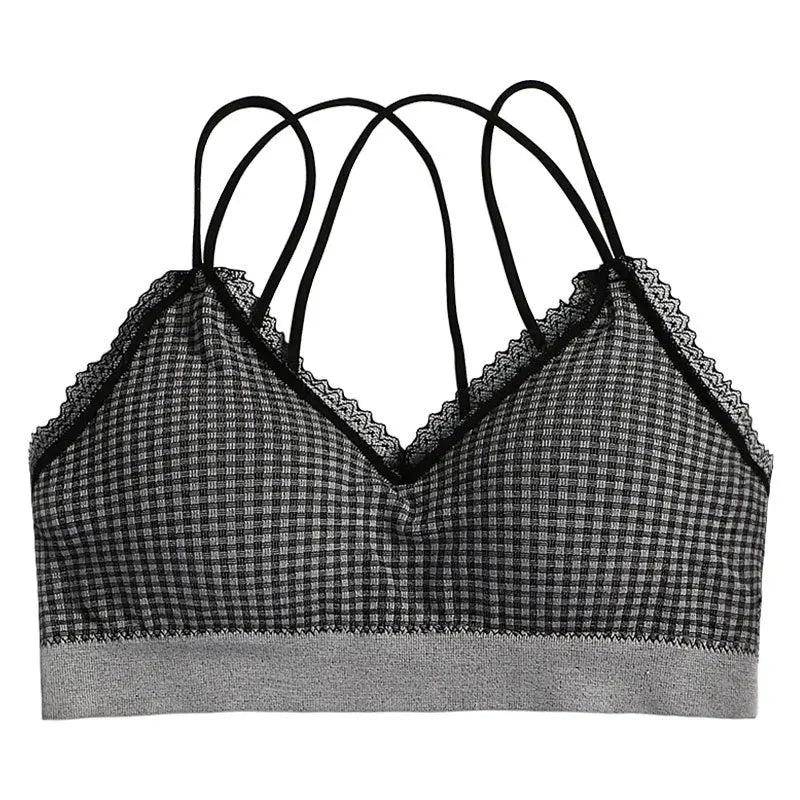 Gingham Lace Cross-Back Bralette Wireless Wrap Bra Sexy Lingerie Stretchy Beauty Cross Back Underwear Plaid Lace Trim Tube Bra