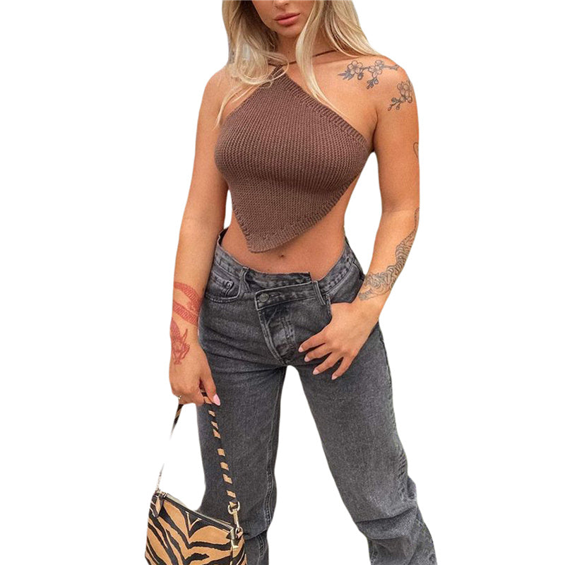 Summer Ladies Sexy Backless Chest Wrap Women Solid Color Hanging Neck Lace-Up Sleeveless Knitted Camisole Irregular Hem Top