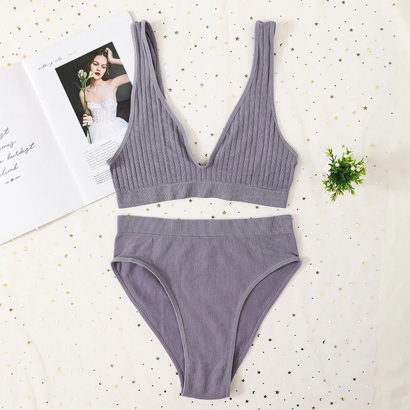 Women Ribbed V-Neck Unpadded Bra High Waist High Cut Briefs Set Wireless Bralette Soft Stretch Panties Sexy Lingerie Set S-L
