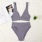 Women Ribbed V-Neck Unpadded Bra High Waist High Cut Briefs Set Wireless Bralette Soft Stretch Panties Sexy Lingerie Set S-L