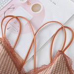 Gingham Lace Cross-Back Bralette Wireless Wrap Bra Sexy Lingerie Stretchy Beauty Cross Back Underwear Plaid Lace Trim Tube Bra