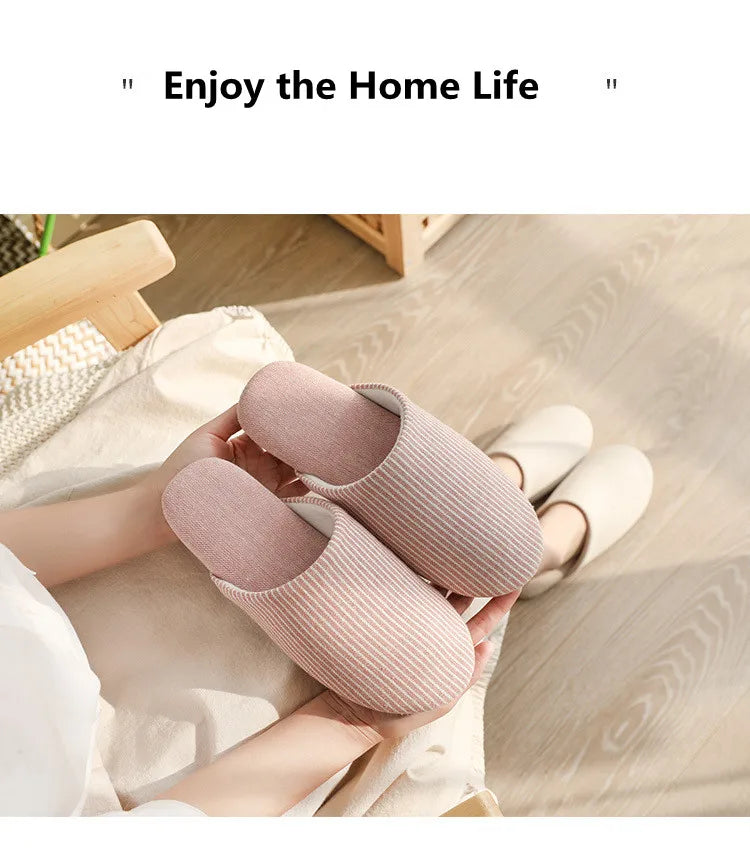 Japanese Style Mute Slippers Women Men Home Cotton Slipper Breathable Fabric Couple Spring Summer Shoes Suede Sole Ladies Slides