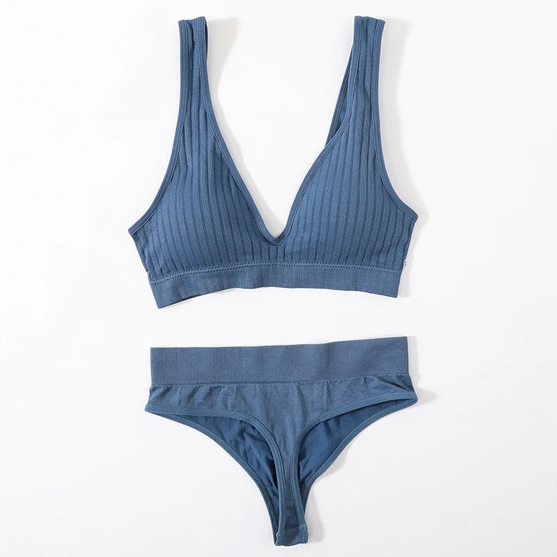 Women Push-Up Bra And Panties Set Sexy Lingerie V-neck Non-wire Bralette with Removable Pads Seamless Crop Top High Waist Thong