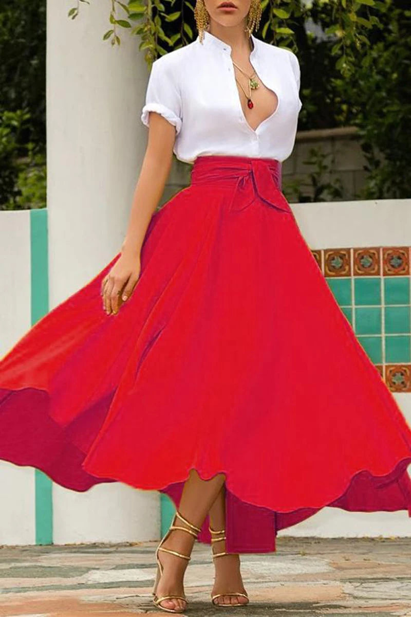 Fashion Women's Ladies Solid Color Bandage Pleated Cocktail Party High WaistSummer A Line Skirts With Pocket