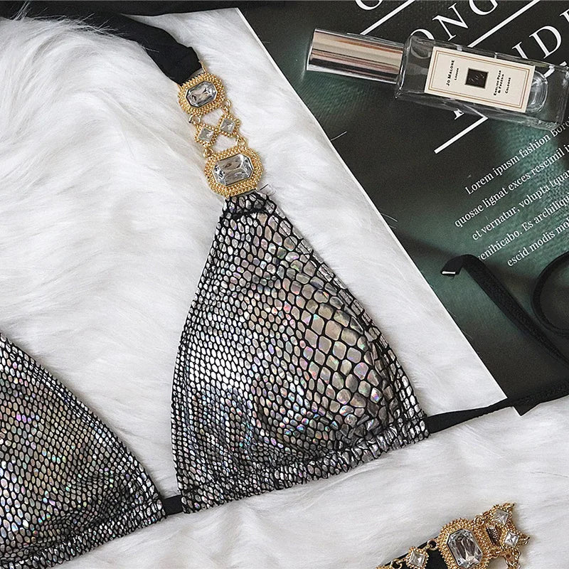 Halter Rhinestone Diamond Bikini Women Swimsuit Female Bikinis Metal Chain Swimwear Two Pieces Bikini Set Bathing Suit Swim Lady
