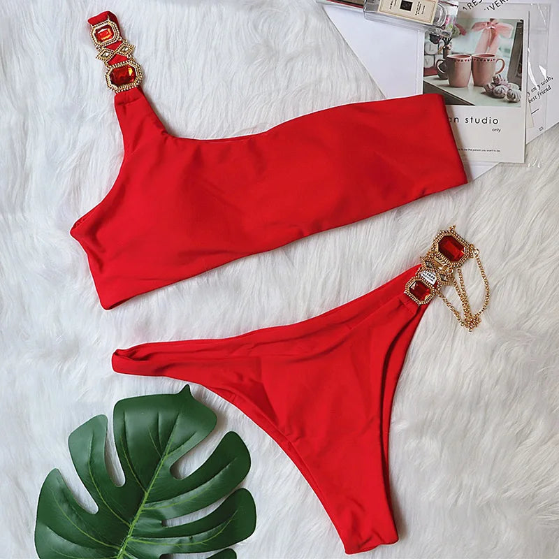 Halter Rhinestone Diamond Bikini Women Swimsuit Female Bikinis Metal Chain Swimwear Two Pieces Bikini Set Bathing Suit Swim Lady