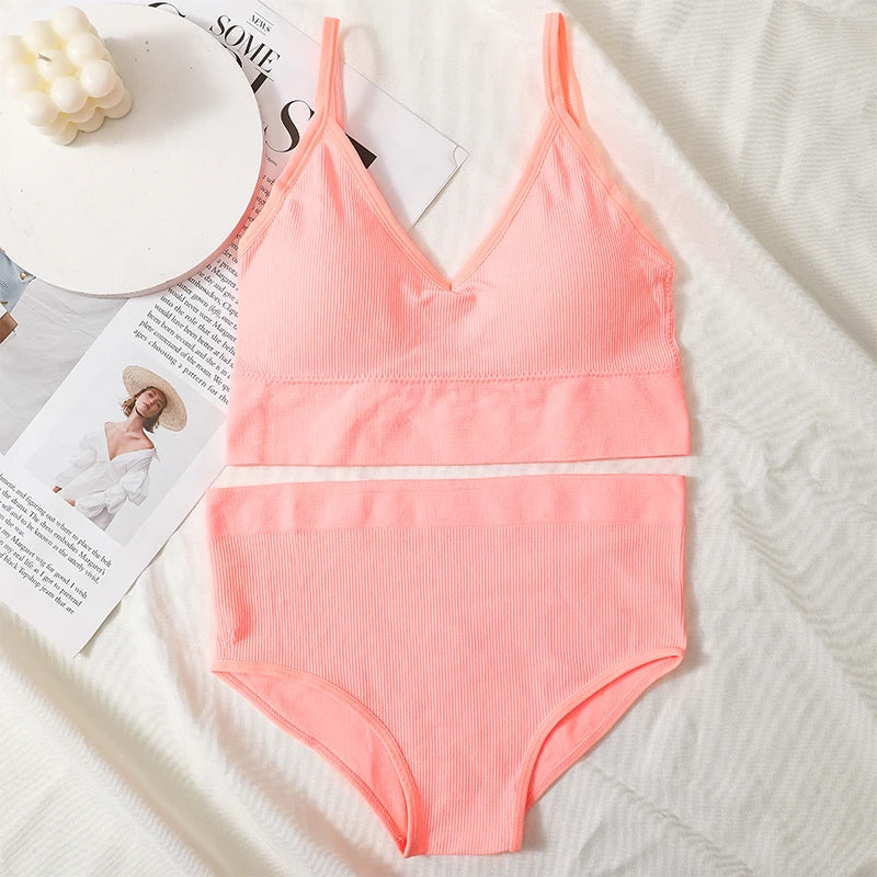 Women Bra And Panty Set Low Back Bra High Waist Briefs Female Sexy Lingerie Set Wire Free Brassiere Seamless Underwear Crop Top