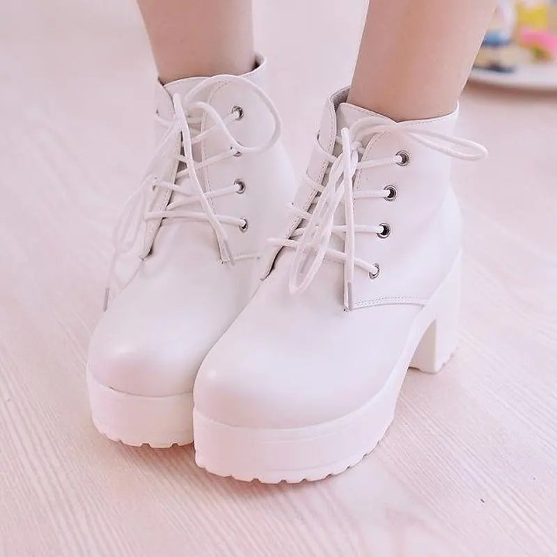 g4 Women's Single Boots New Horse Boots Square Heel Round Toe Spring High Heel Boots Lace-Up Plus Size 35-45