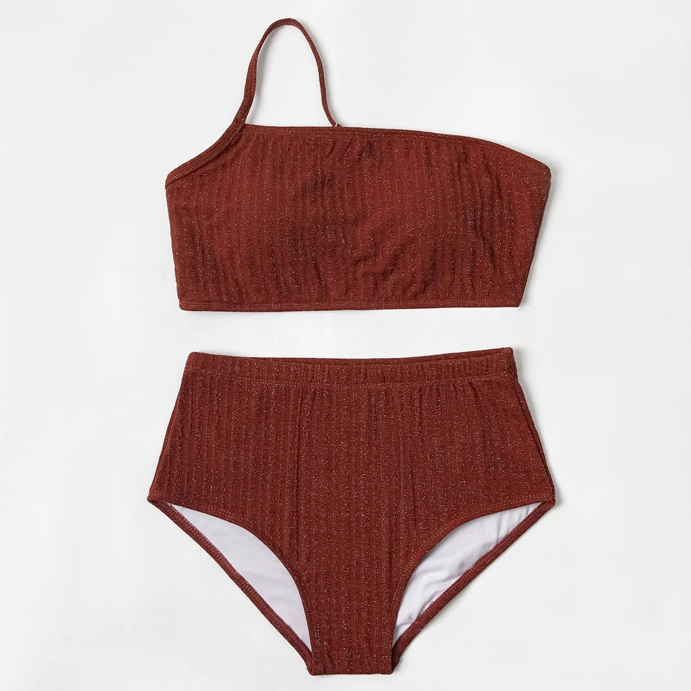 ZTVitality Ribbed Shiny One Shoulder Sexy Bikini 20225 New Arrival Padded Bra High Waist Swimsuit Beachwear Solid Swimwear Women