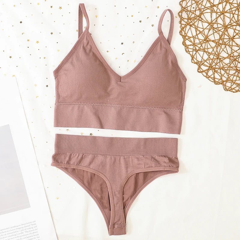 Women Sports Bra And Panties Set Seamless Bra U-Back Crop Top High Rise G-String Panties Thongs Underwear Sexy Lingerie Set