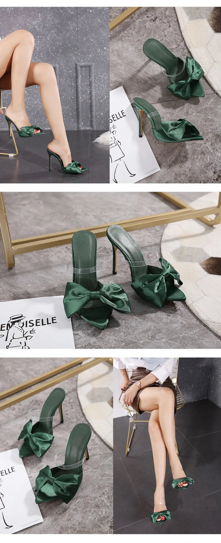 2025 Silk Butterfly Knot Women PVC Slippers Mule 11cm High Heels Slippers Luxury Sandals Pointed Toe Strappy Slides Party Shoes