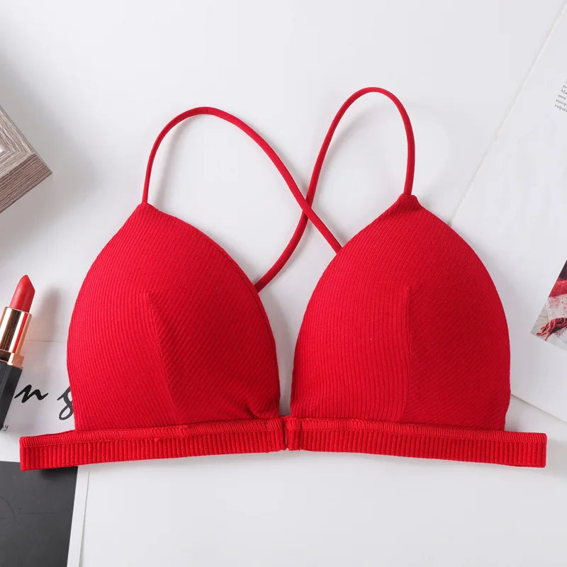 Front Closure Bra Deep V Bras For Women Thin Cross Straps Wire Free Brassiere Pdded Bralette Women's Underwear Sexy Lingerie
