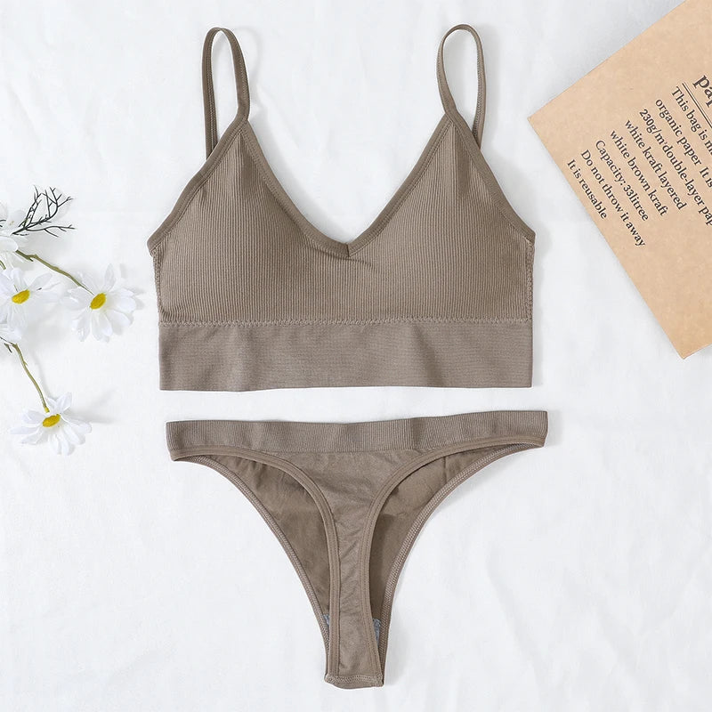 Women Sports Bra And Panties Set Seamless Bra U-Back Crop Top High Rise G-String Panties Thongs Underwear Sexy Lingerie Set